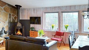 A cozy living room with a fireplace, a sofa, a wooden dining table, and two windows with plants. - 5 Person Holiday Home in Oydegard (Tingvoll)