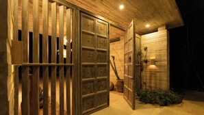 A wooden door with a grid pattern, a potted plant, and a concrete pathway leading to a building. - BT Homes - Wellness Jungle (Tulum)