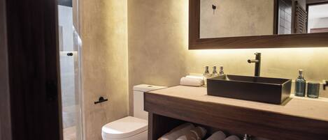 A modern bathroom with a toilet, a sink with a mirror above it, and a shower area.