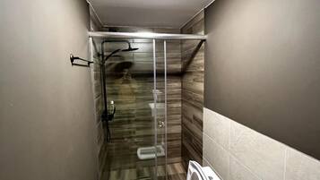 Un baño pequeño con ducha, inodoro y lavamanos.