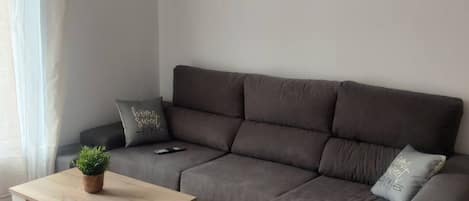 A modern living room with a grey sofa, a small wooden coffee table, and a potted plant.