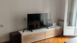 A modern living room with a flat-screen TV on a wooden cabinet, a small plant, and a radiator. - 1A135 Comodo Apto 3 dormitorios (Gijón)