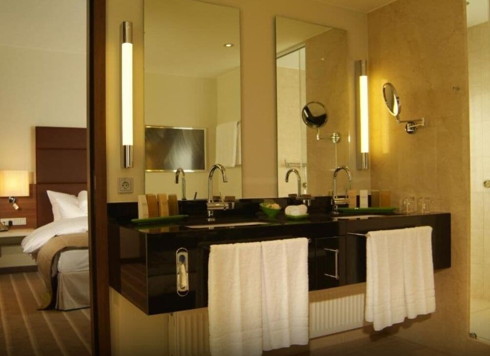 Un baño de hotel con un espejo grande, dos lavamanos y un perchero para toallas.