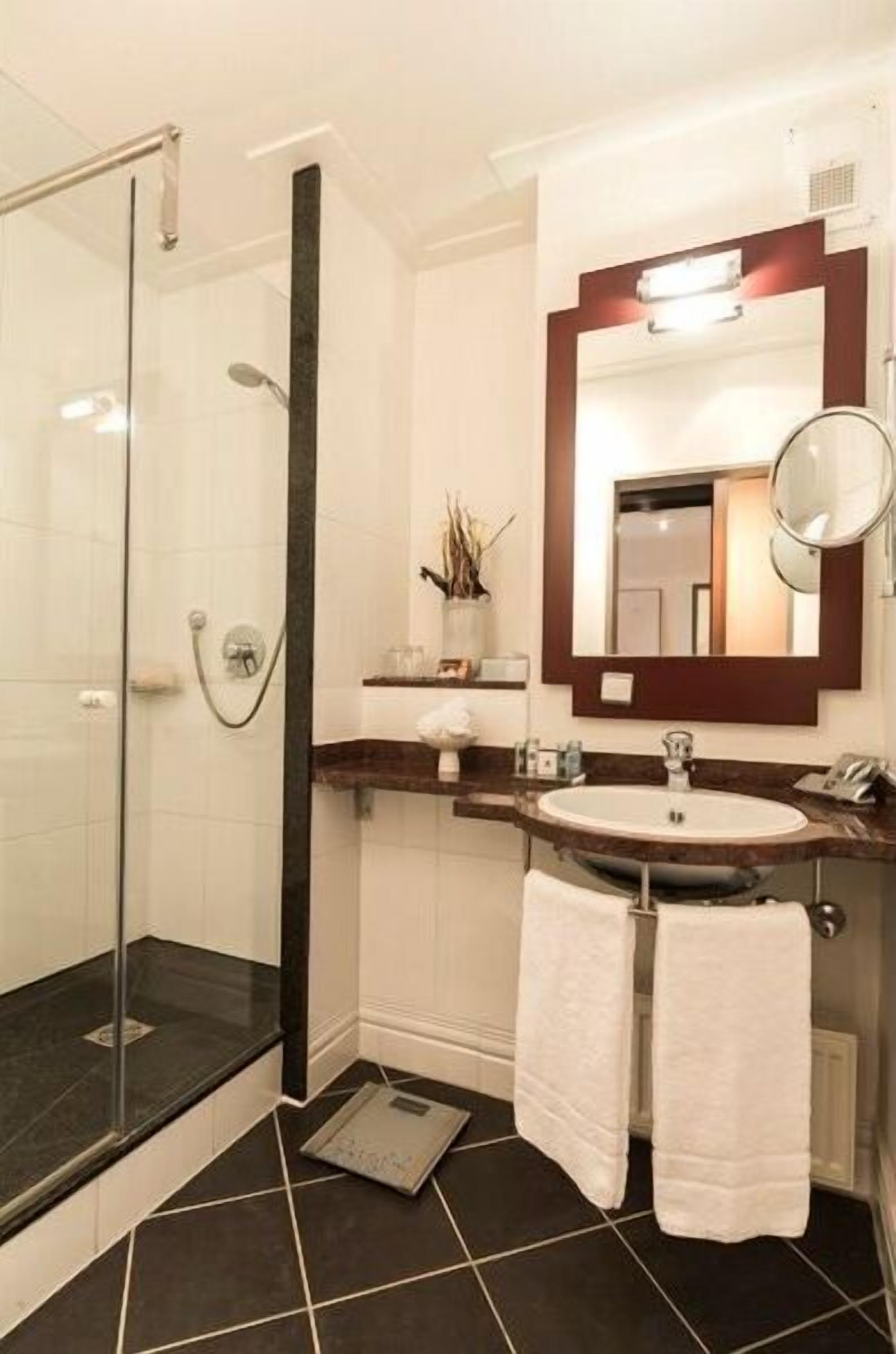 A modern bathroom with a glass shower enclosure, a large mirror, and a sink with a towel rack.