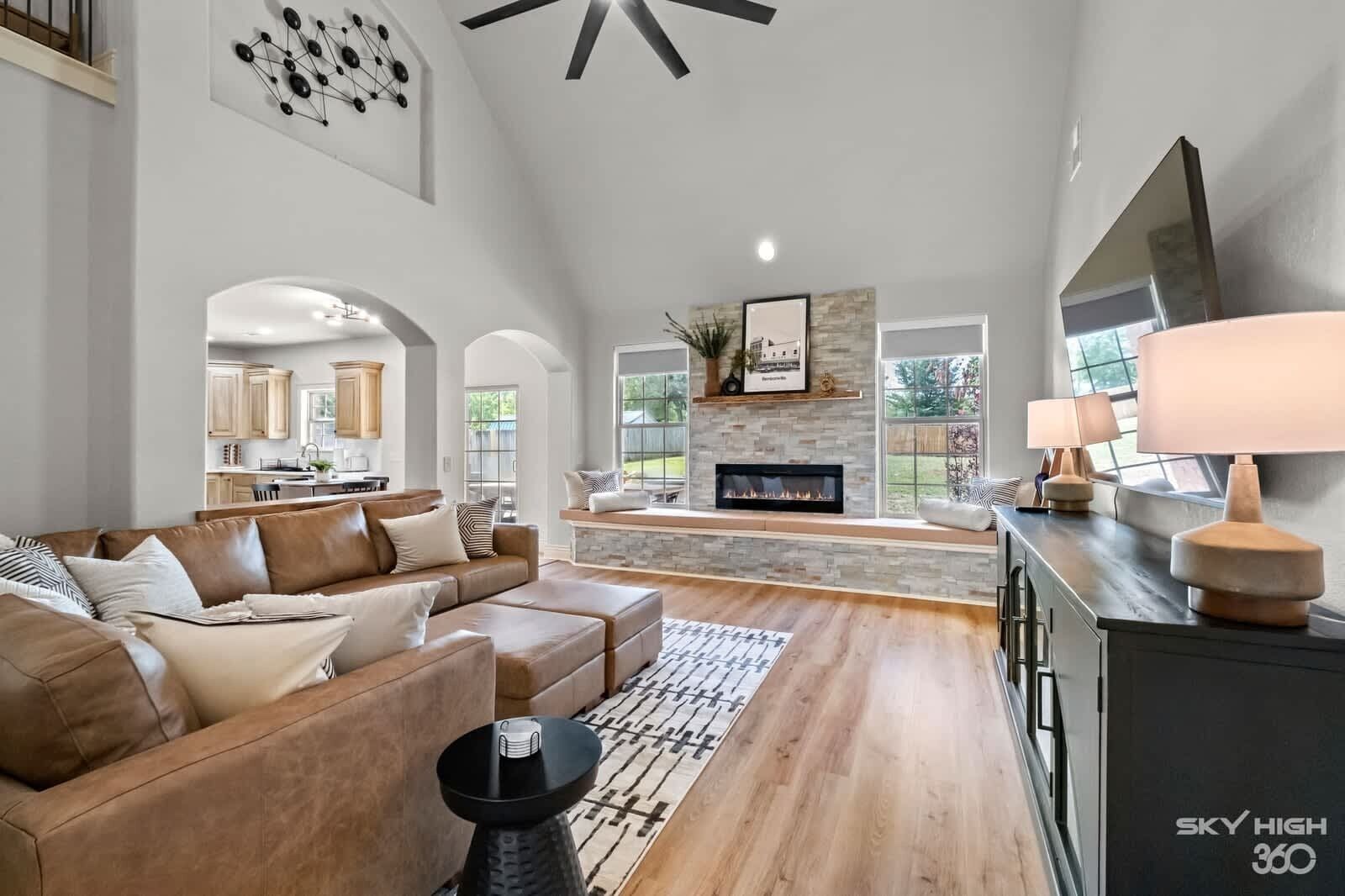 TV, fireplace, books