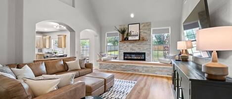 TV, fireplace, books