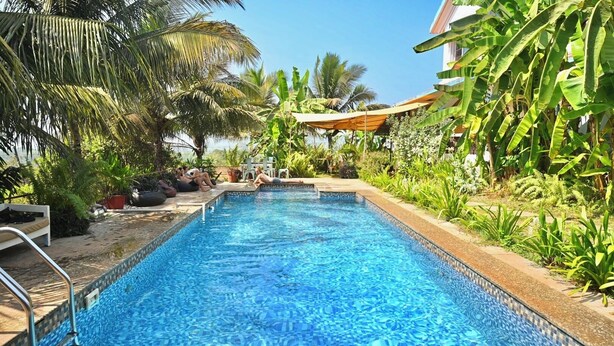 A swimming pool with a tiled edge, surrounded by lush greenery and palm trees. - Dragonfly Goa (Arambol)
