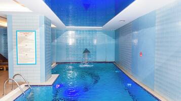 Indoor pool, open 3:00 PM to 10:30 PM, sun loungers