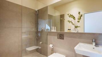 Buồng tắm vòi sen, máy sấy tóc, khăn tắm, xà phòng