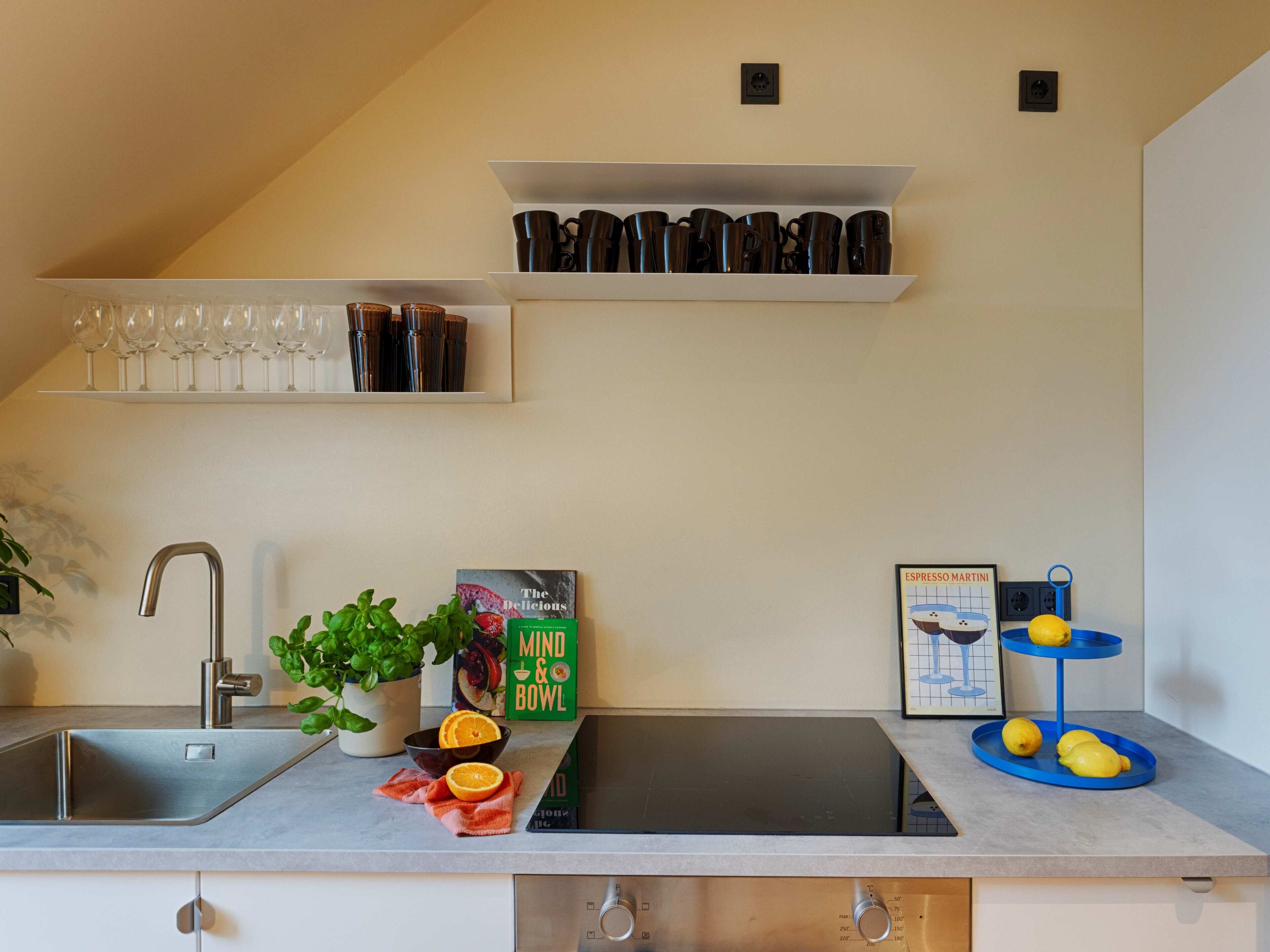 Una cocina con un lavamanos, una encimera, una planta en maceta, un libro titulado 'Mind & Bowl', y una repisa con tazas y vasos.