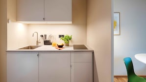 A modern kitchen with a built-in sink, a countertop with a plant and a bowl, and a wall-mounted cabinet above.
