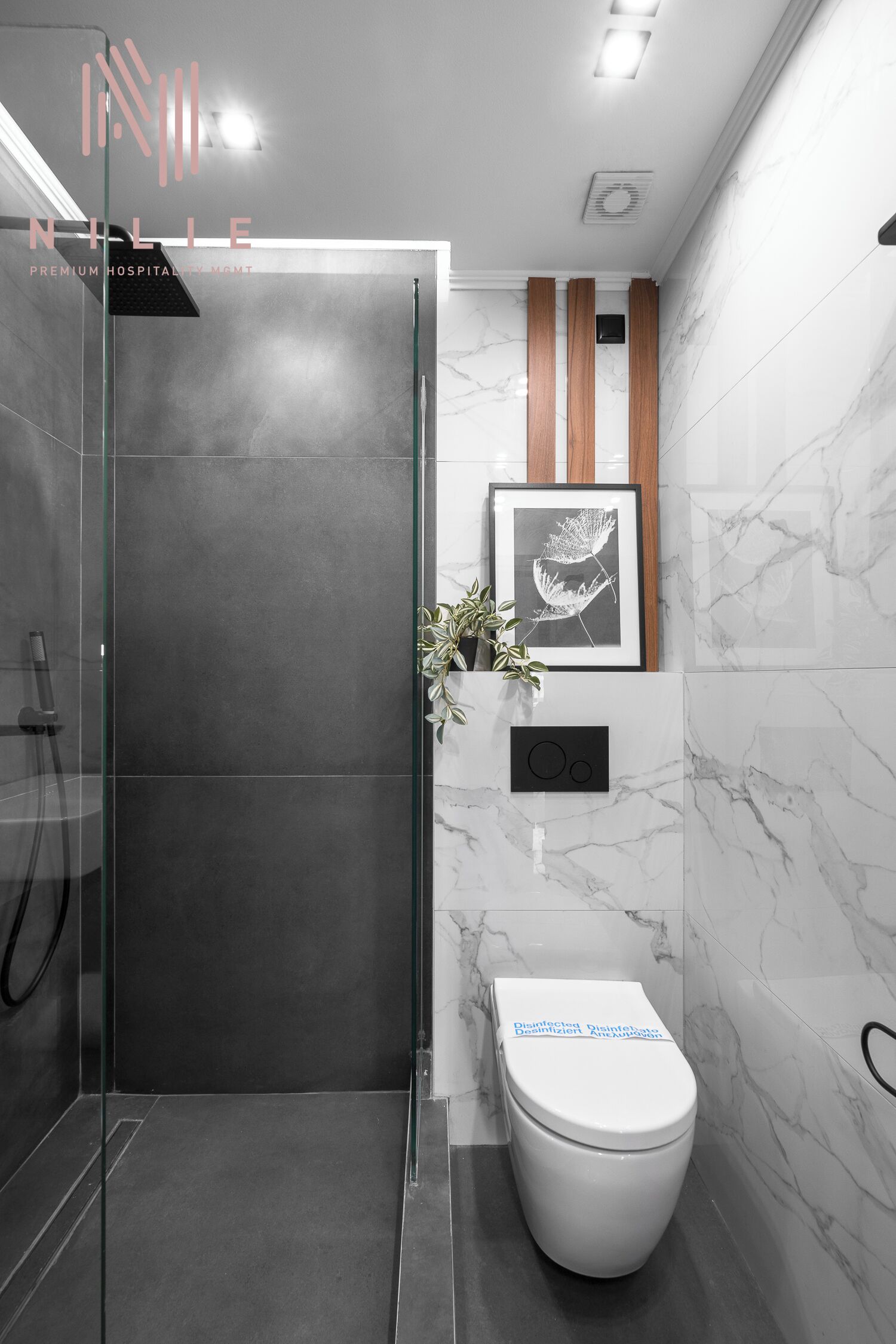 A modern bathroom with a glass shower enclosure, a white toilet, and a marble wall.