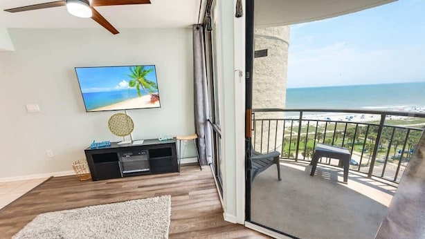 A balcony with a view of the beach and ocean. - New, Beautiful Decor, Meridian Plaza, Pools, Nice! (Myrtle Beach)