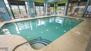 An indoor swimming pool with clear water, a sandy floor, and a no diving sign. - New, Beautiful Decor, Meridian Plaza, Pools, Nice! (Myrtle Beach)
