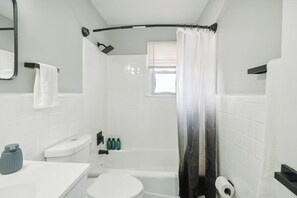 Hair dryer, towels, toilet paper