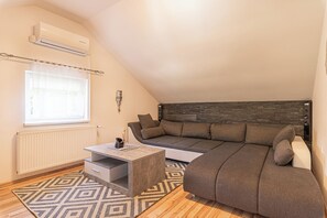 Family House, Multiple Bedrooms (Holiday Home Zala with Jacuzzi) | Living area | Flat-screen TV, fireplace