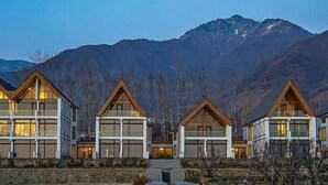 A row of modern, chalet-style buildings with large windows and wooden facades, set against a mountainous backdrop. - Rah Bagh (Srinagar)