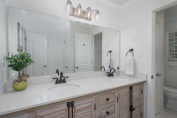 A bathroom with a large mirror, two sinks, and a potted plant.