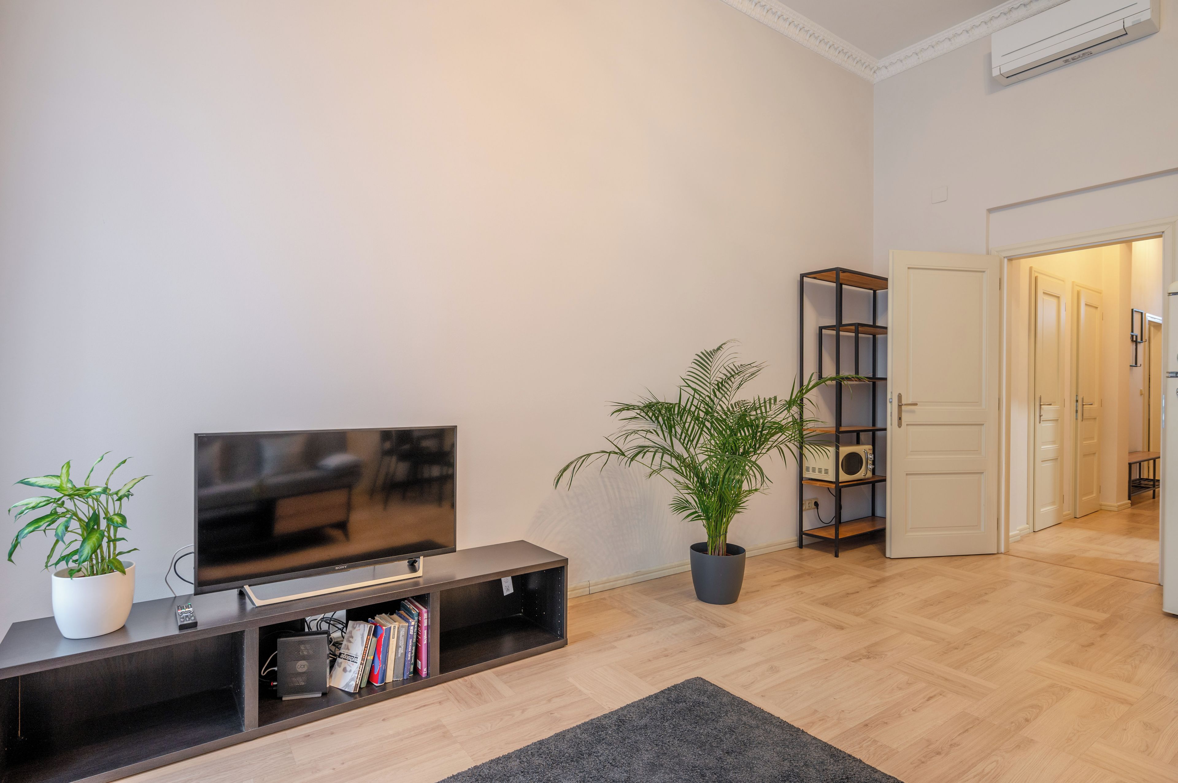 Una sala de estar moderna con una televisión de pantalla plana, una estantería, una planta en maceta y una puerta que da a otra habitación.