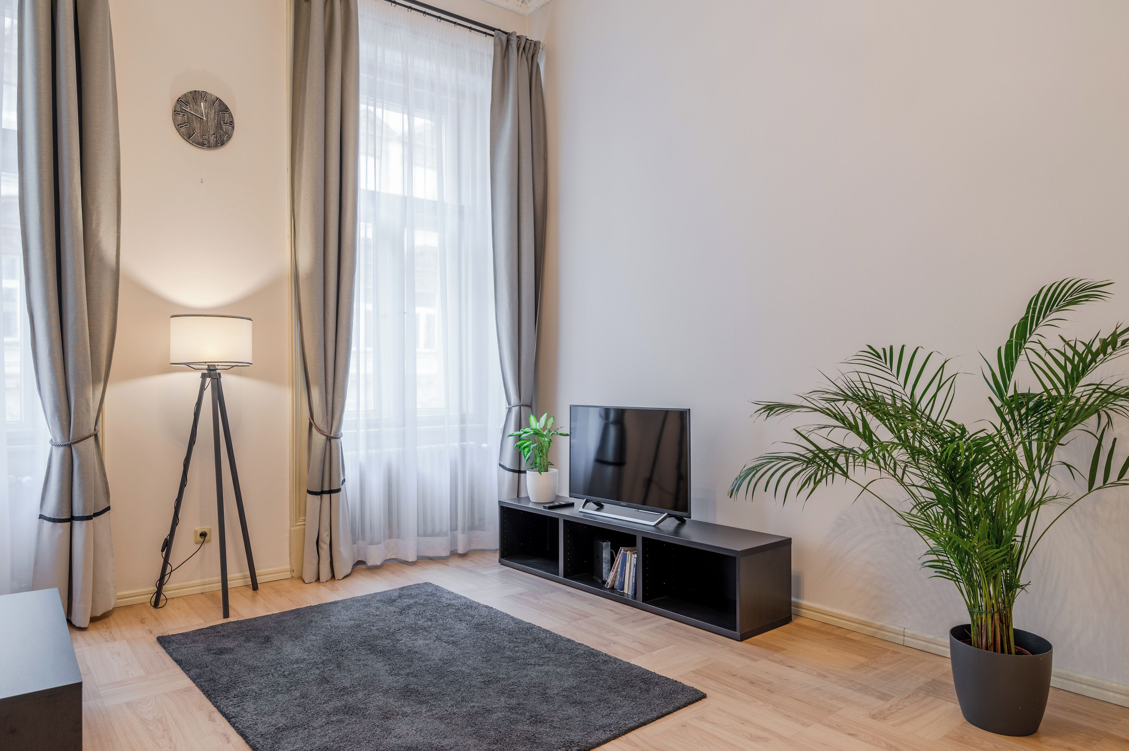 Un salon moderne avec un téléviseur à écran plat, une lampe sur pied, une plante en pot et une bibliothèque.