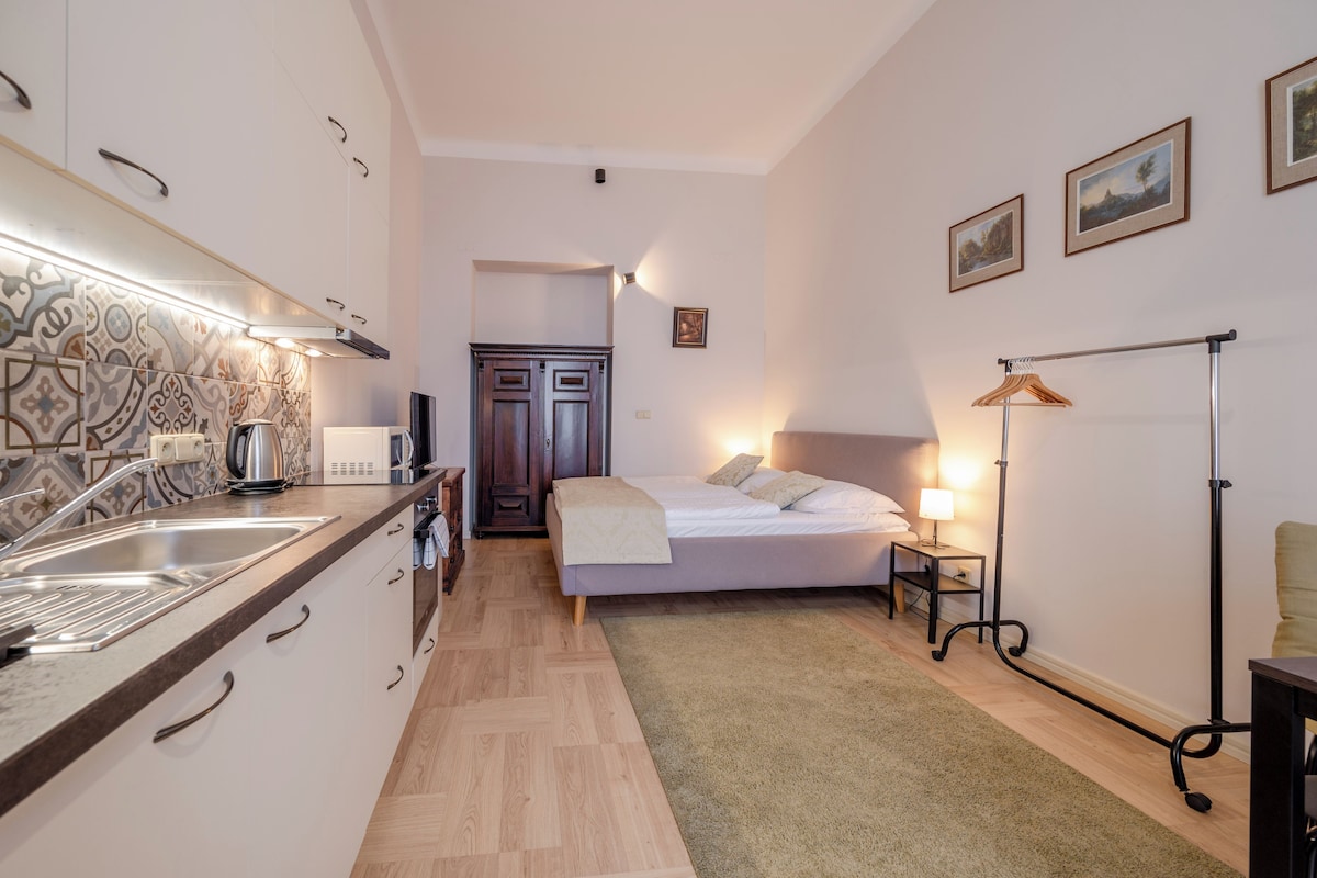 A compact hotel room with a kitchenette, a bed with a bedside table, a floor lamp, and a small bedside table with a lamp.