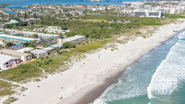 An aerial view of a beach with buildings and greenery nearby.