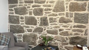 Quarto com parede de pedra, sofá cinza, mesa pequena com uma revista e um vaso com flores.