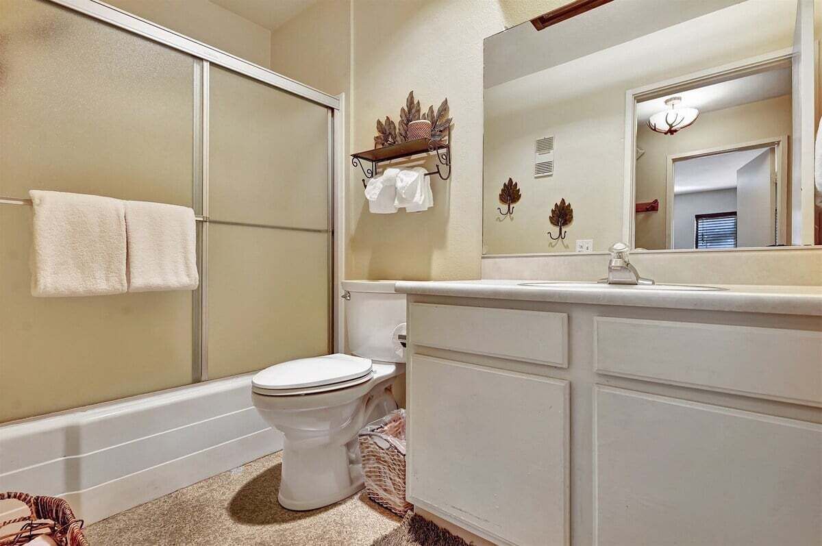 A bathroom with a toilet, a shower, a vanity with a mirror, and a towel rack.