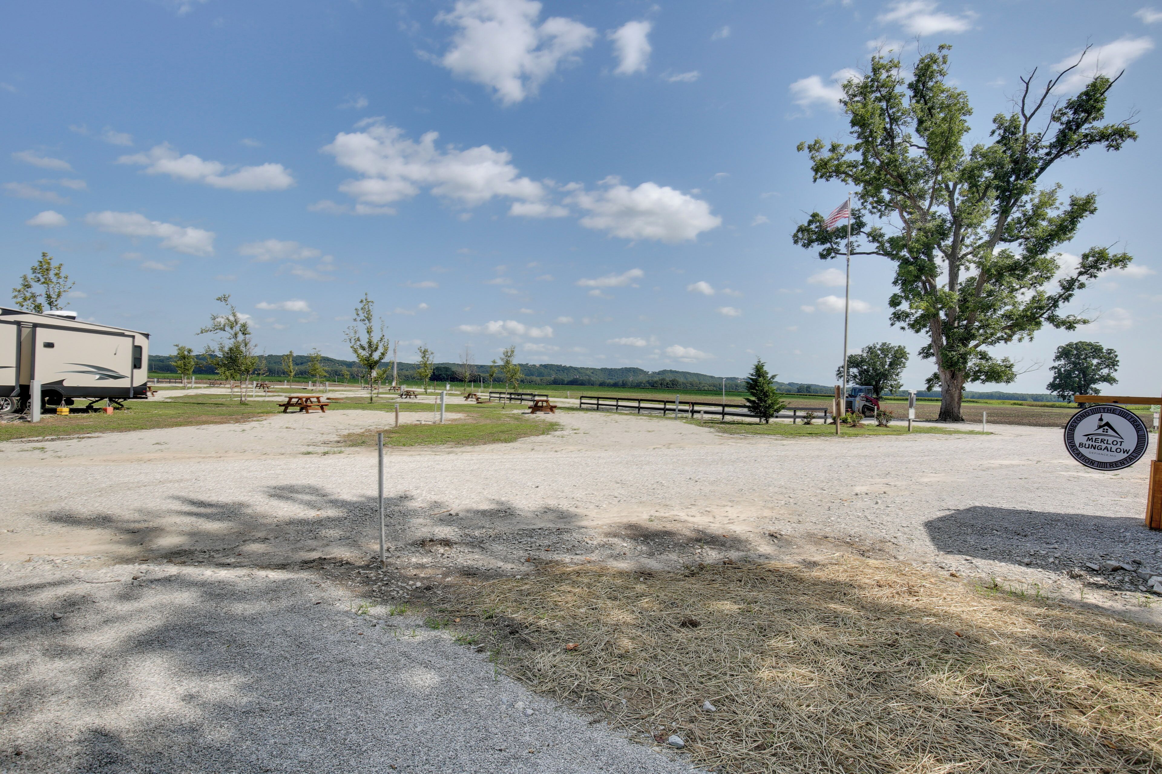A campground with RVs, picnic tables, and a large tree.