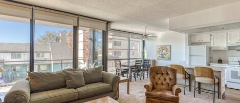 Televisio, takka, DVD-soitin, työhuone