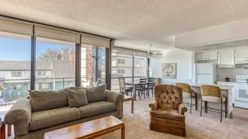 Tv, eldstad, dvd-spelare och kontor