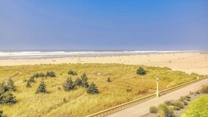 Een kustlandschap met een zandstrand, begroeide duinen en een pad naar het strand.
