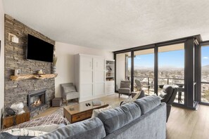 Télévision, cheminée, lecteur de DVD, espaces bureaux