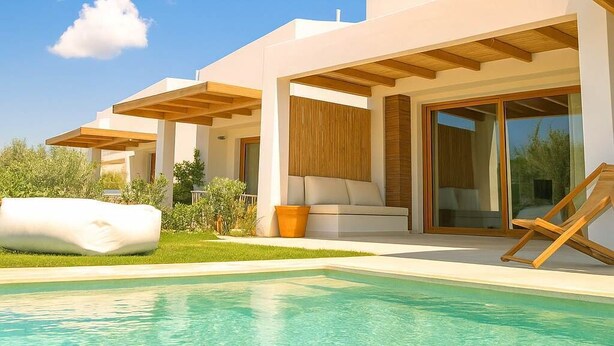 Una casa moderna con piscina, pérgolas de madera y un amplio ventanal corredera.