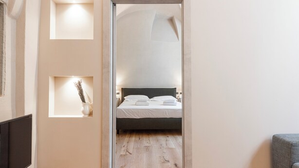 A hotel room with a bed, a TV, and a small shelf with a vase. - Ramaglianti Hidden Gem by Mmega (Florence)