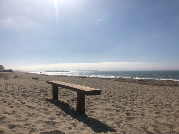 Una platja sorrenca amb una banca de fusta i l'oceà al fons.
