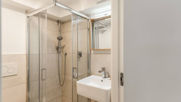 A modern bathroom with a glass-enclosed shower, a white sink, and a mirror above the sink.