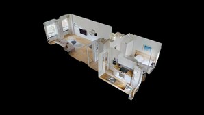 Pianta 3D di un moderno appartamento con soggiorno, cucina, zona pranzo e due camere da letto.