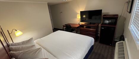 A hotel room with a large bed, a desk with a television, a microwave, and a heater.
