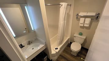 Hair dryer, towels, soap, shampoo