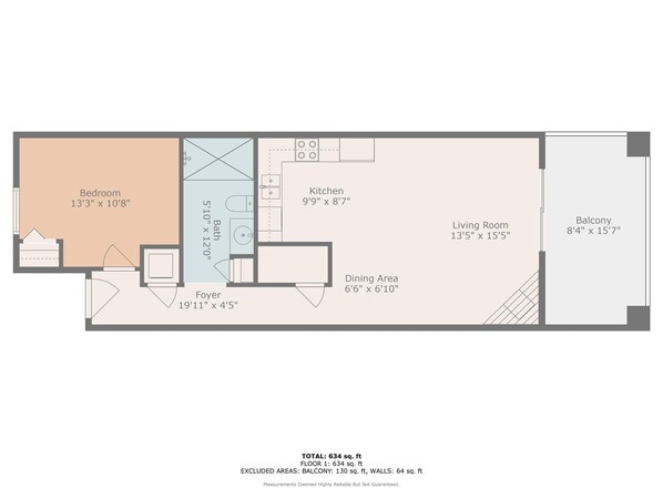 Plano de planta de una propiedad residencial con dormitorio, kitchenette, baño, comedor, vestíbulo, sala de estar y balcón.