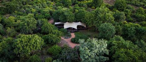 An aerial view of a secluded eco-lodge surrounded by dense forest, featuring a central structure with a thatched roof and wooden deck.