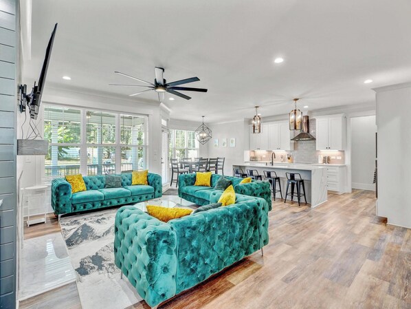 Smart TV, fireplace, video games, table football