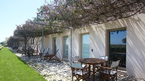 Un espace patio avec une table et des chaises, une pergola couverte de plantes grimpantes et une vue à travers une porte vitrée.