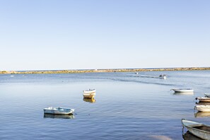 Enjoy serene lakeside views with boats gently anchored in the calm waters.