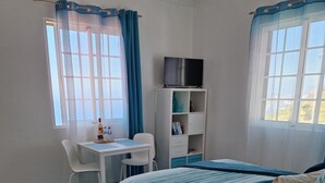 Une chambre à coucher comprenant un lit, un bureau, une chaise, un téléviseur et une bibliothèque.