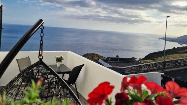 A balcony with a view of the sea, a hanging chair, and red flowers.