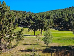 Un campo da golf con cielo sereno, circondato da fitta vegetazione.