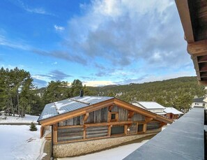 A log cabin with a stone foundation, large windows, and a sloped roof. - Appartement T2-Cabine A-02 - Collection Cassiopée (Font-Romeu-Odeillo-Via)
