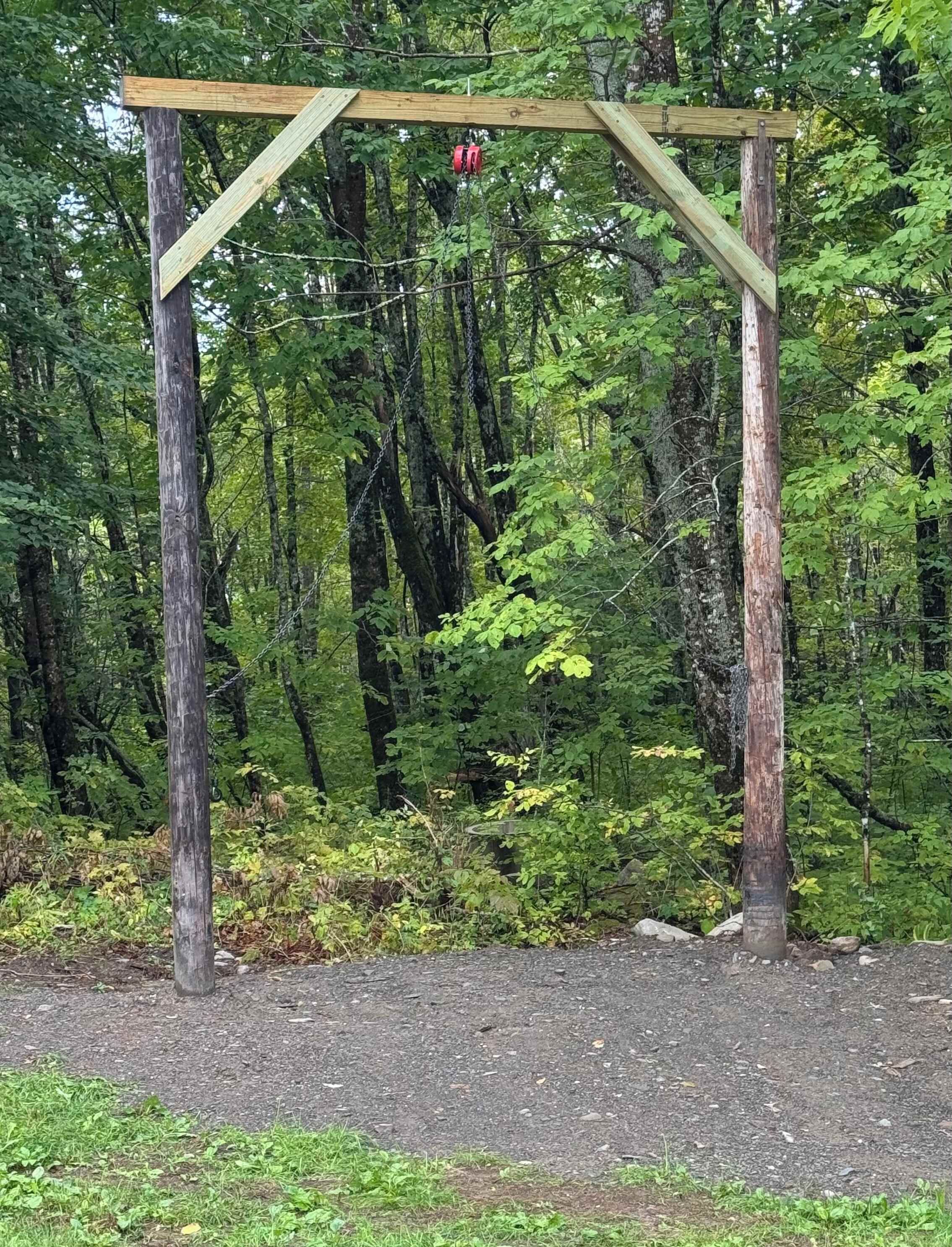Une balançoire en bois installée dans un espace boisé.